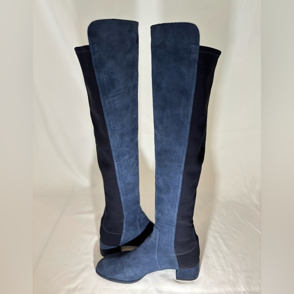 Stuart Weitzman ‘FIFO’ OTK Boots Blue Suede Black Elastic Calf Friendly 8